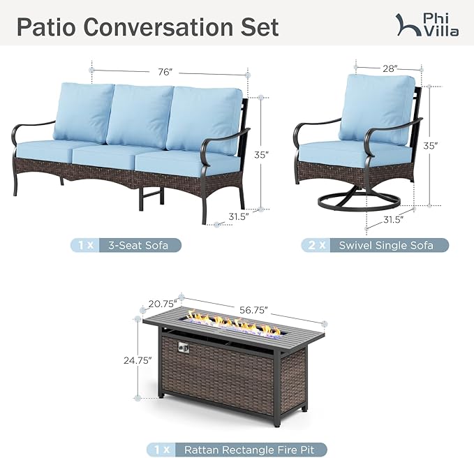 PHI VILLA Patio Furniture Set with 56" Fire Pit Table, Premium Outdoor Wicker Metal Frame Furniture with Upgraded Waterproof Thick Cushions for Porch, Poolside, Deck, and Yard （4 Pieces,Blue）