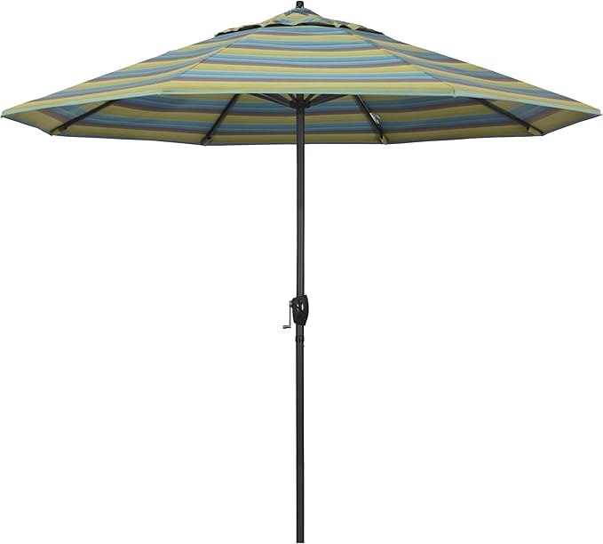 California Umbrella 9' Rd Aluminum Patio Umbrella, Crank Lift, Auto Tilt, Black Finish, Sunbrella Astoria Lagoon