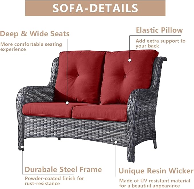 HUMMUH Patio Furniture Set with Fire Pit Table 5-Piece Wicker Outdoor Swivel Rocker Patio Chairs Loveseat Conversation Set for Porch, Backyard, Deck