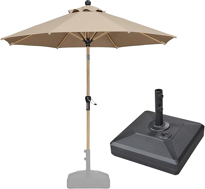 PURPLE LEAF 9 Feet Patio Umbrella with Base Market Umbrella Round Outdoor Umbrella with Push Button Tilt & Crank and 8 Ribs Aluminum Outdoor Table Umbrella for Garden Deck Balcony, Taupe