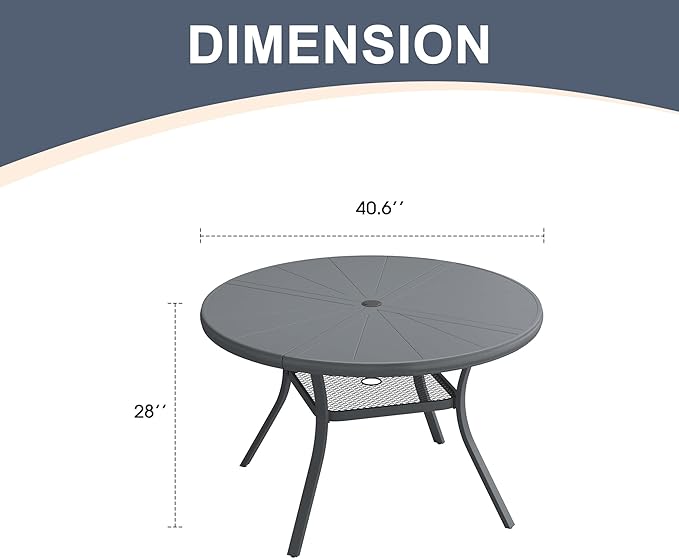 VICLLAX Round Patio Dining Table, 4 Person Aluminum Outdoor Dining Table with Umbrella Hole and Storage Shelf for Garden Lawn Deck, 40.6" Dark Grey