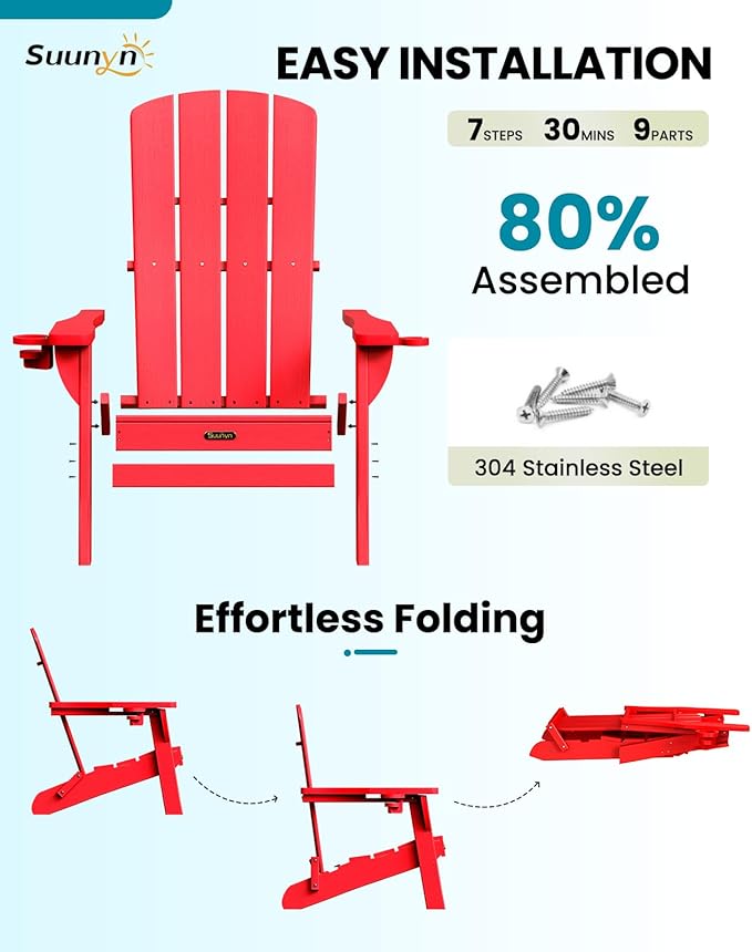 Folding Adirondack Chair 4 Pack, HDPE All-Weather Fire Pit Chairs, Plastic Adirondack Chairs with 2 Cup Holder, Outdoor Lawn Chair for Patio Garden (Red)