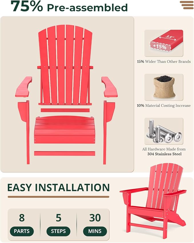 BRIOPAWS Adirondack-Chairs-Set of 2 | Fire Pit Chair | Oversized | HDPE Plastic | Weather Resistant | for Deck Outdoor Poolside Campfire | Red