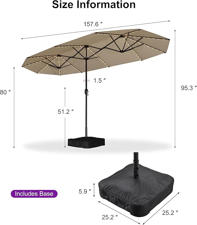 PURPLE LEAF 13ft Patio Market Umbrella with Solar LED and Base Double-Sided Rectangle Outdoor Table Sun Umbrellas with Crank for Pool Beach Deck Backyard Khaki