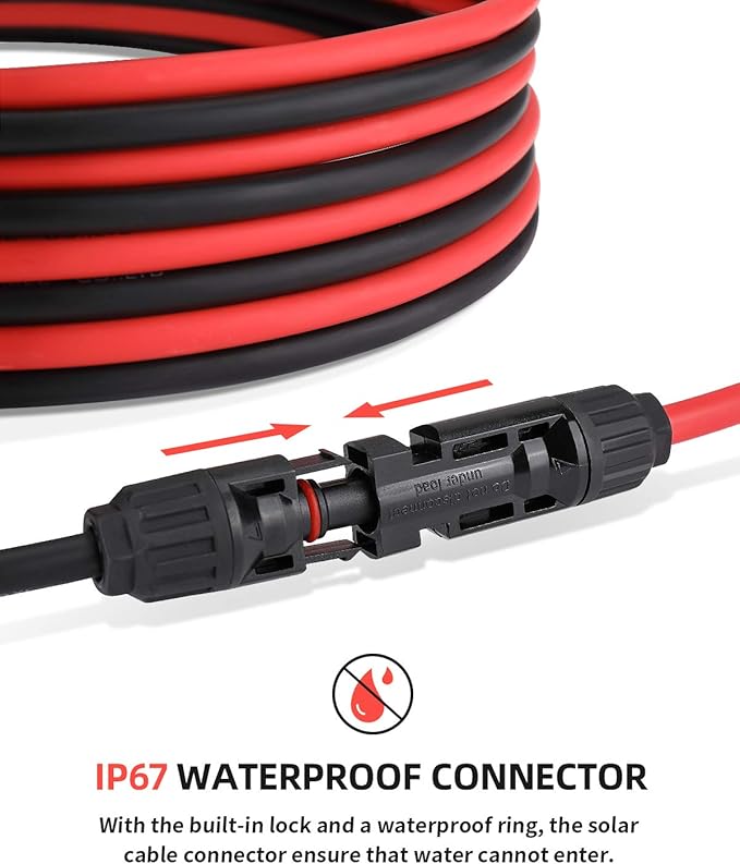 BougeRV 6 Feet 10AWG Solar Extension Cable with Female and Male Connector with Extra Pair of Connectors Solar Panel Adaptor Kit Tool (6FT Red + 6FT Black)