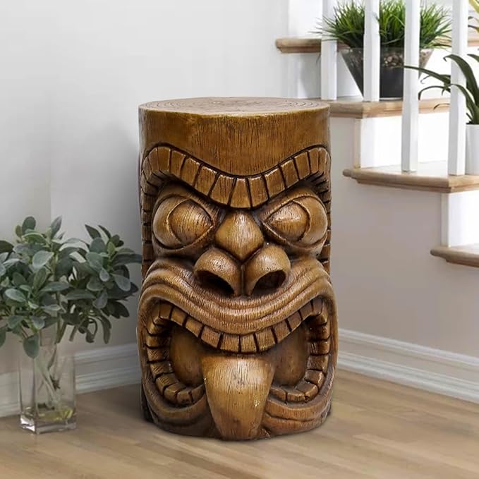 SKYFIRE Outdoor Decorative Sculpture - The Grande Tiki God Kanaloa Teeth Indoor Ornamental Outdoor Table Statues for Garden, Patio, Backyard, Lawn, House, Office Decor -19.6"H Concrete Stool End Table