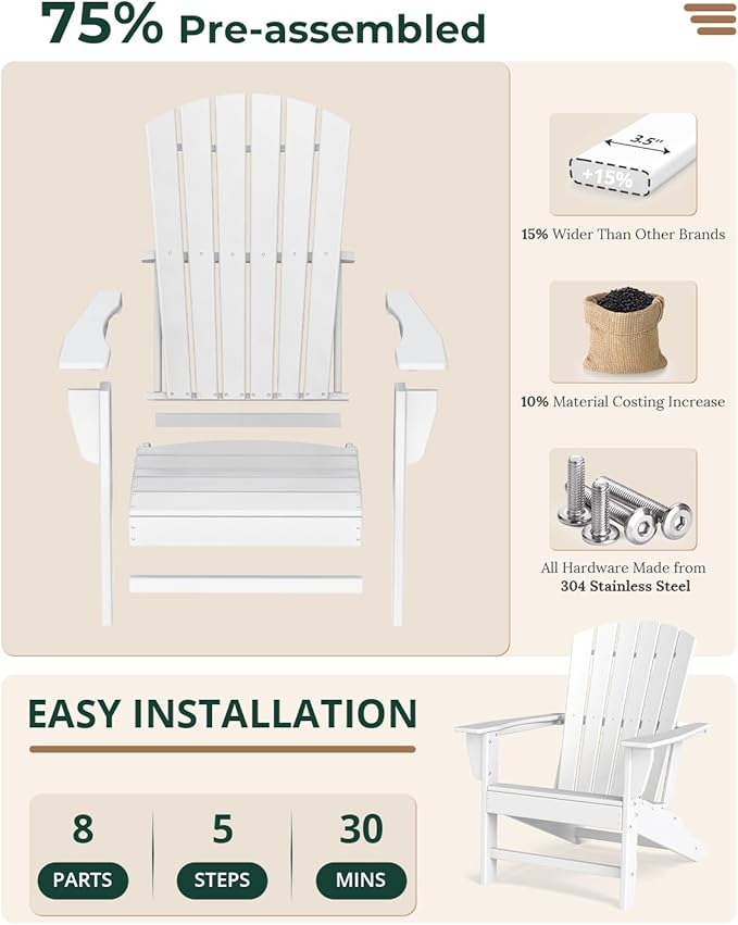 BRIOPAWS Adirondack-Chairs-Set of 4 | Fire Pit Chair | Oversized | HDPE Plastic | Weather Resistant | for Deck Outdoor Poolside Campfire | White