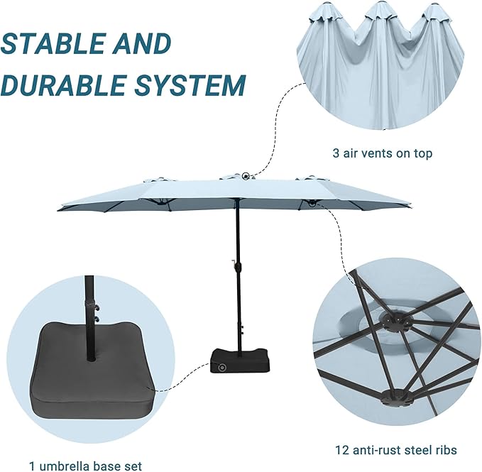 Bigroof 15ft x 9ft Patio Double-Sided Umbrella with Base & Crank, Extra Large Rectangular Outdoor Umbrella for Patio, Lawn & Garden, Beige