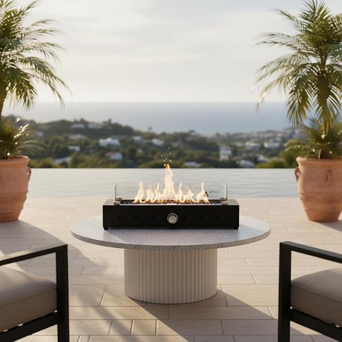 28-inch Table Top Propane Fire Pit, 40,000 BTU Tabletop Firepit Glass Wind Guard & Blue Glass Beads, Portable Outdoor Portable Fireplace for Patio and Camping – Black.