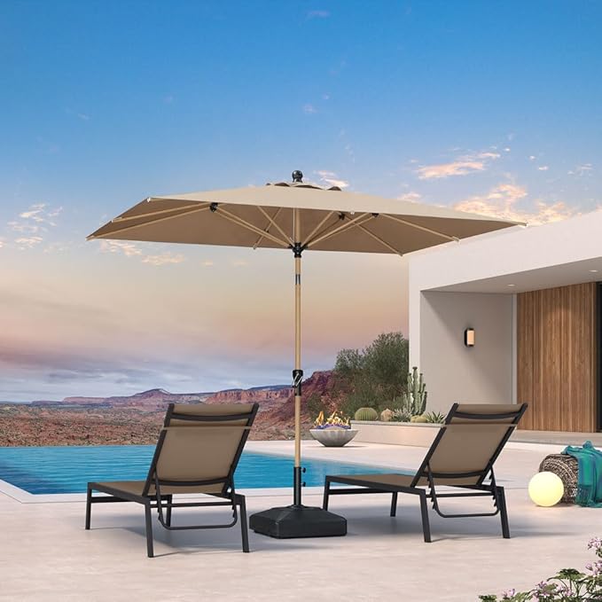 PURPLE LEAF 6' x 9' Patio Umbrella with Base Market Umbrella Rectangular Outdoor Umbrella with Push Button Tilt & Crank and 8 Ribs Aluminum Table Umbrella for Pool Backyard Beach, Taupe