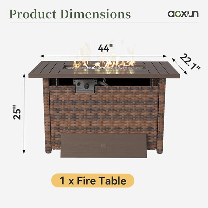 Aoxun 44" Propane Fire Pit Table– 48,000 BTU Outdoor Gas Fire Pits with Removable Lid & Waterproof Cover, Fire Glass Rectangle Gas Firepit Table for Outside Patio Black