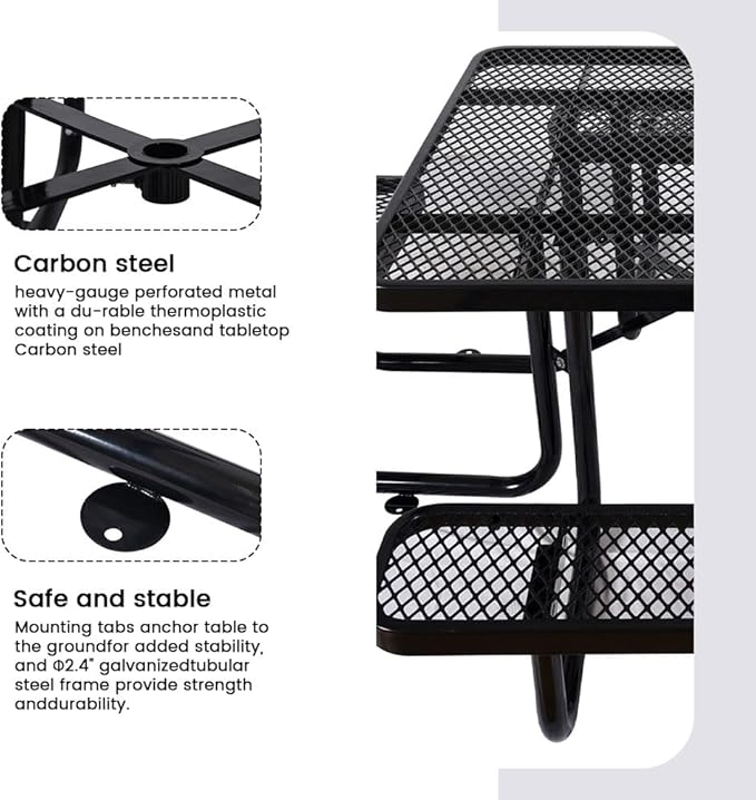 KUFUH 46" Square Metal Picnic Table for 4-8 Person, Durable Heavy Duty Commercial Picnic Table with Umbrella Hole for Outdoor Coffee Shop, School, Hospital, Easy to Install, Black