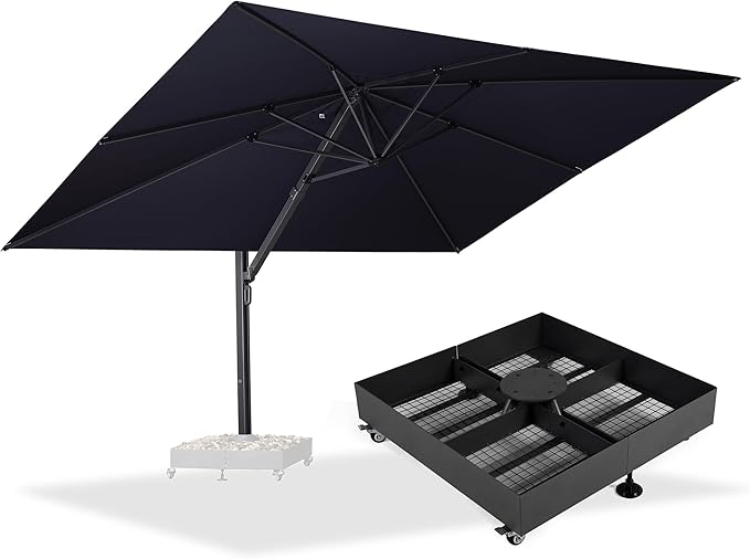 PURPLE LEAF 11' X 15' Rectangle Patio Umbrella Large Cantilever Outdoor Aluminum Offset Umbrella with 360° Rotation Cantilever Umbrella with Base Included for Garden Deck Backyard Pool Navy Blue
