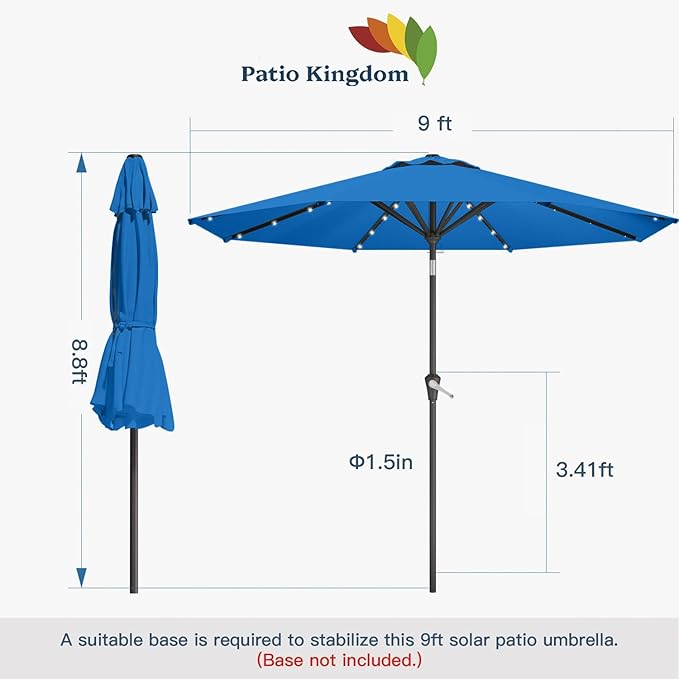 9FT Solar Umbrella 32 LED Lighted Patio Umbrella Table Market Umbrella w/Tilt and Crank, UV-Resistant Outdoor Umbrella for Pool, Garden, Deck, Royal Blue