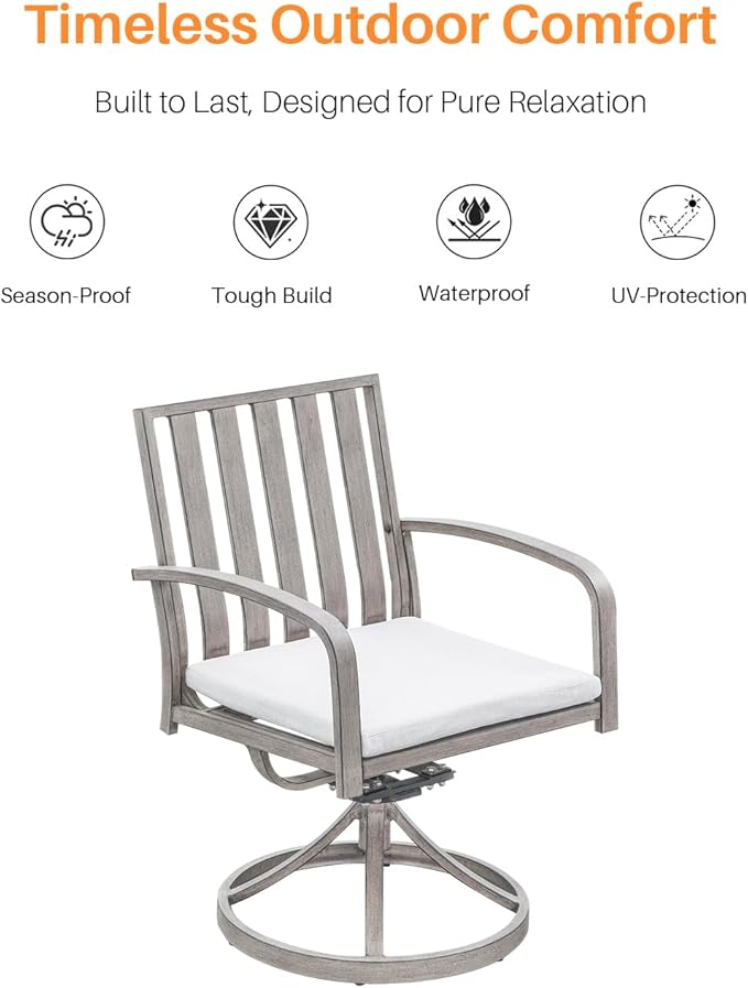 SEEHILL Aluminum Patio Dining Chairs Set of 2, 360°Swivel Outdoor Dining Chairs with Washable Cushions, Deep Seating Swivel Chairs Patio Furniture Set for Deck, Balcony, Garden, Poolside, Limed Oak