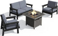 SERWALL Patio Furniture Set with 33” Fire Pit Table, HDPE Outdoor Sectional Sofa Set with Thickened Cushions, Black Frame with Grey Cushions