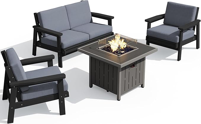 SERWALL Patio Furniture Set with 33” Fire Pit Table, HDPE Outdoor Sectional Sofa Set with Thickened Cushions, Black Frame with Grey Cushions
