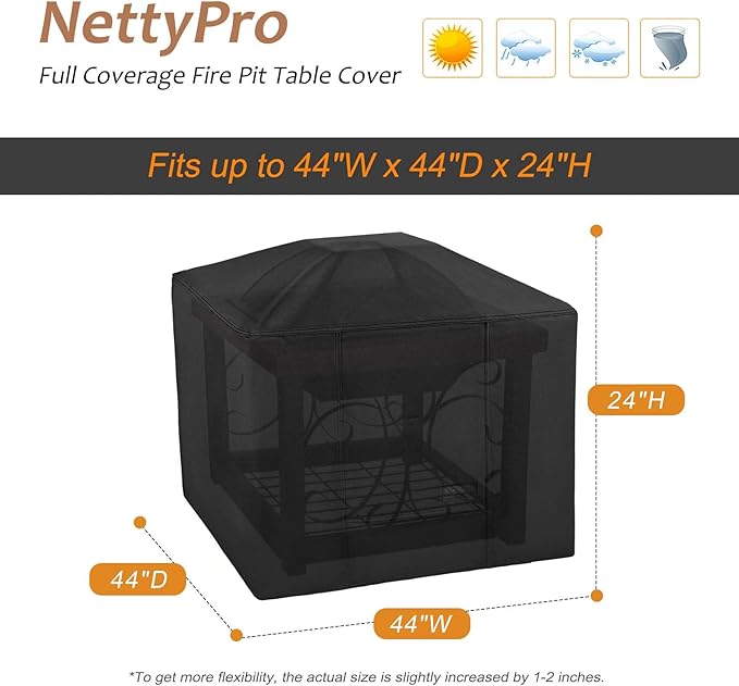 NettyPro Fire Pit Cover Square Waterproof Outdoor Firepit Cover for Gas Propane Fire Pit Table, 44 x 44 x 24 inch, Black