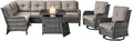 Belord Outdoor Sectional Sofa Furniture Set with Propane Fire Pit Table, Wicker Patio Conversation Set with 2 Swivel Glider Rocker Chairs Grey Cushion Perfect for Backyard Casual Gathering