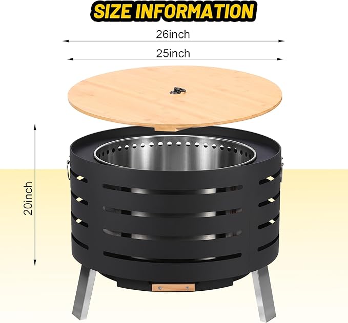 GarveeLife 26 in Smokeless Fire Pit with Removable Ash Pan, Wood Burning Firepit Table with Fire Poker,Smokeless Outdoor Fireplace with Carrying Bag, Outdoor Fire Pits for Bbq, Table, Bonfire, Camping