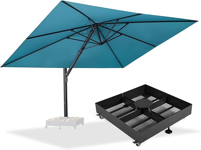 PURPLE LEAF 11' X 15' Rectangle Patio Umbrella Large Cantilever Outdoor Aluminum Offset Umbrella with 360° Rotation Cantilever Umbrella with Base Included for Garden Deck Backyard Pool Turquiose Blue