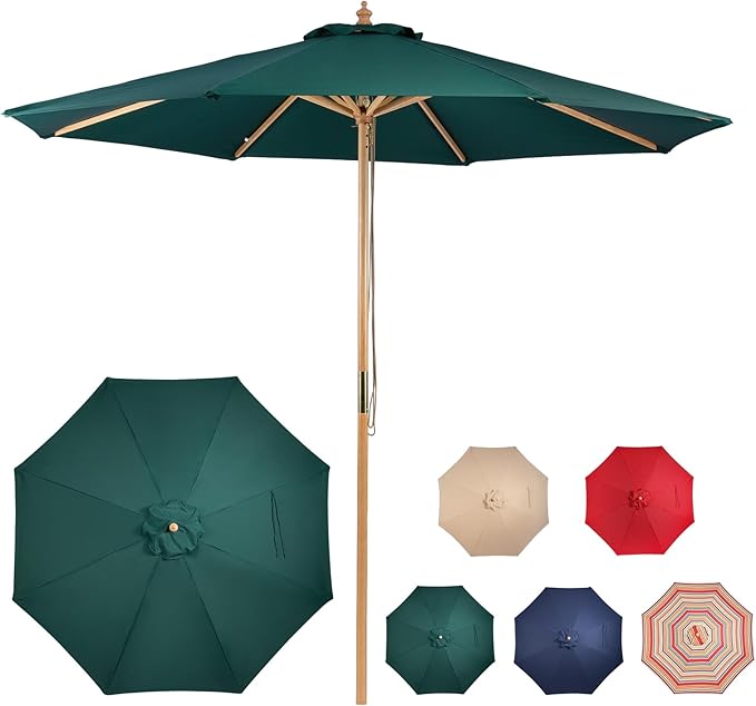 9ft Bamboo Umbrella, Outdoor Patio Umbrella, Waterproof Market Umbrella, 8 Ribs Table Umbrella with Pulley Lift for Garden, Deck, Pool, lawn, Backyard