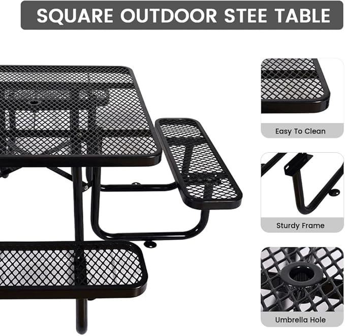 KUFUH 46" Square Metal Picnic Table for 4-8 Person, Durable Heavy Duty Commercial Picnic Table with Umbrella Hole for Outdoor Coffee Shop, School, Hospital, Easy to Install, Black