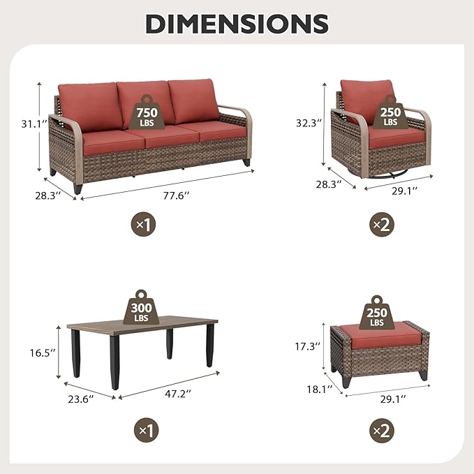 EAGLE PEAK Modern Wicker Outdoor Patio Furniture Set, Patio Conversation Set, 2 Swivel Rocking Chairs, 3-Seat Loveseat, 2 Ottomans and Coffee Table, 6 Pieces, Brown/Red
