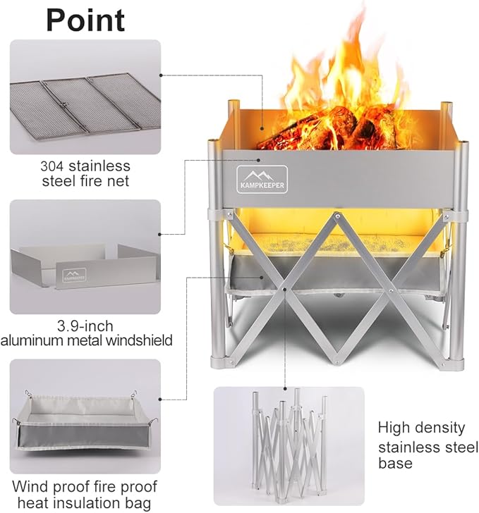 KAMPKEEPER Portable Fire Pit, Outdoor Tabletop Firepit 18 Inch, 304 Stainless Steel Wood Burning Fireplaces, Collapsible Pop Up Fire Pit for Outside, Included Heat Shield for Leave No Trace Fires