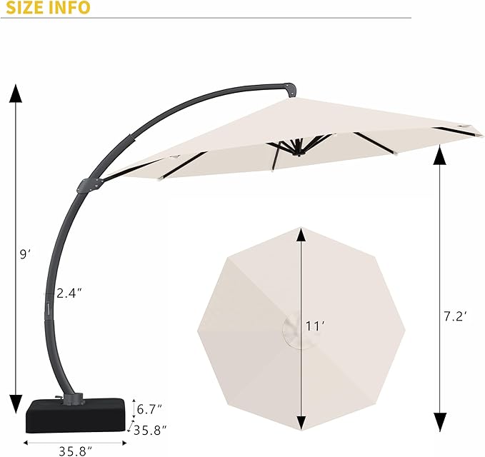 Kingdura 11ft Cantilever Patio Umbrella with Base Included, Large Round Offset Outdoor Pool Umbrella, 360° Rotation & Infinite Tilt, Heavy Duty Aluminum Frame for Deck Backyard, Creamy White