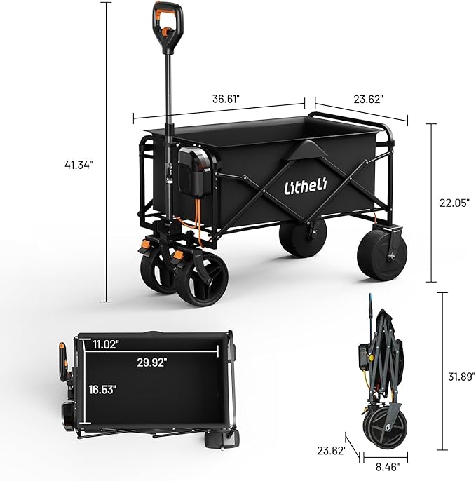 Litheli Electric Collapsible Wagon Cart Foldable, 100L Portable Folding Wagon Cart with Wheels, Outdoor Lightweight Utility Carts for Beach Grocery Camping Shopping and Fast Charger