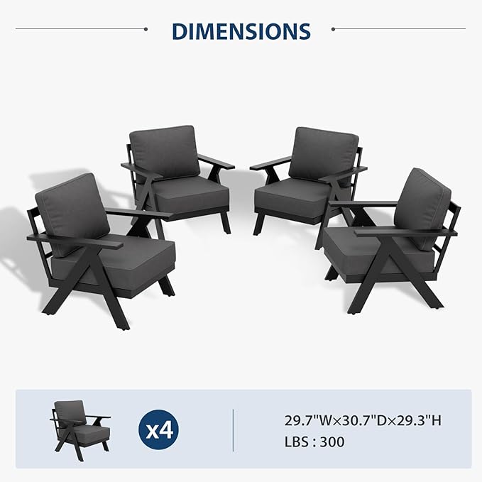 Urban Anvil 4 Pieces Patio Furniture Outdoor Metal Armchairs, All-Weather Patio Accent Chairs with Cushions for Balcony, Porch, Deck, Black/Gray