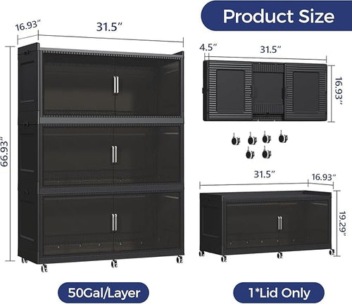 150Gal Extra Large Stackable Storage Bins with Lid, 600Qt Collapsible Storage Box with Wheels, Closet Organizers and Storage Cabinet Container for Home, Kitchen, Office, Bedroom, 3Pack Black