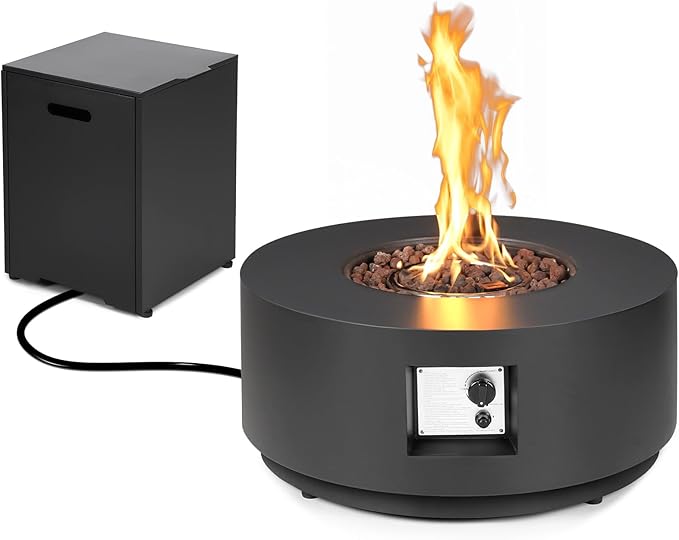 30" Round Propane Fire Pit Table - 50K BTU Round Fire Pits and Tank Cover, ETL Certified Outdoor Fire Table with Lid, Rocks, Rain Cover, Firepit for Outside Patio, Black