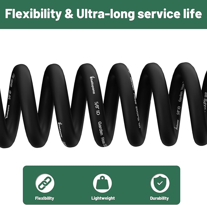 150 ft Garden Hose, 5/8 in Heavy Duty Water Hose, Flexible and Durable, Lightweight Rubber Hybrid Hose, Leak-Free Connections, Male to Female Fittings, BT150B, Black