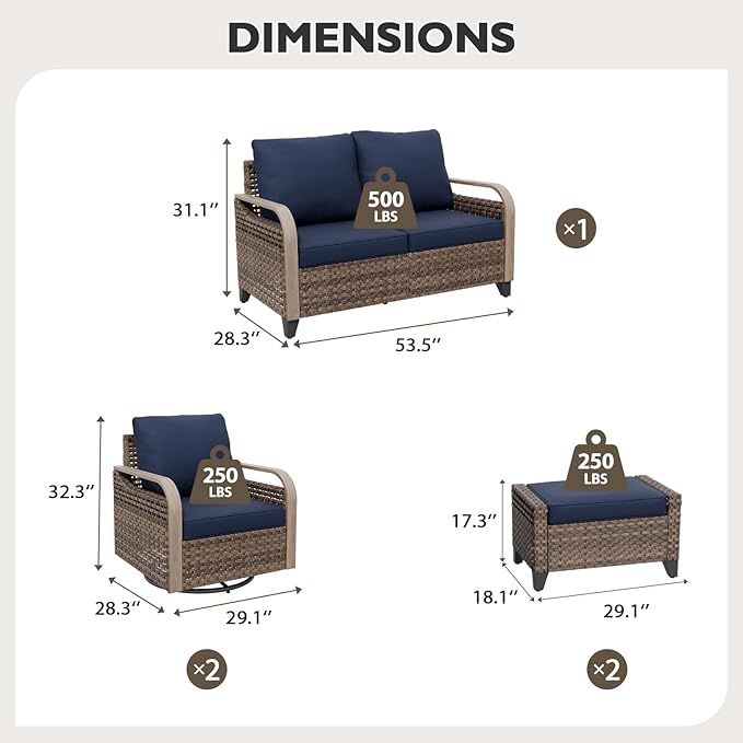 EAGLE PEAK Modern Wicker Outdoor Patio Furniture Set, Patio Conversation Set, 2 Swivel Rocking Chairs, 2-Seat Loveseat and 2 Ottomans, 5 Pieces, Brown/Blue