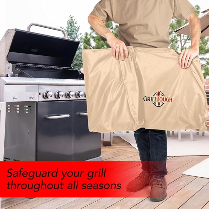 GrillTough Heavy Duty BBQ Grill Cover for Outdoor Grill, 58 Inch – Waterproof, Weather Resistant, UV & Fade Resistant with Adjustable Straps – Gas Grill Cover for Weber, Genesis, Charbroil, etc. Tan