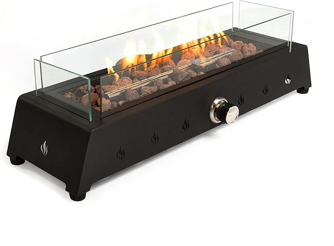 GDFStudio 28" Propane Fire Pit, 50000 BTU Outdoor Gas Fire Pit with Glass Wind Guard & Lava Rocks, Rectangular Steel Fire Table for Patio Balcony Backyard Garden, Black