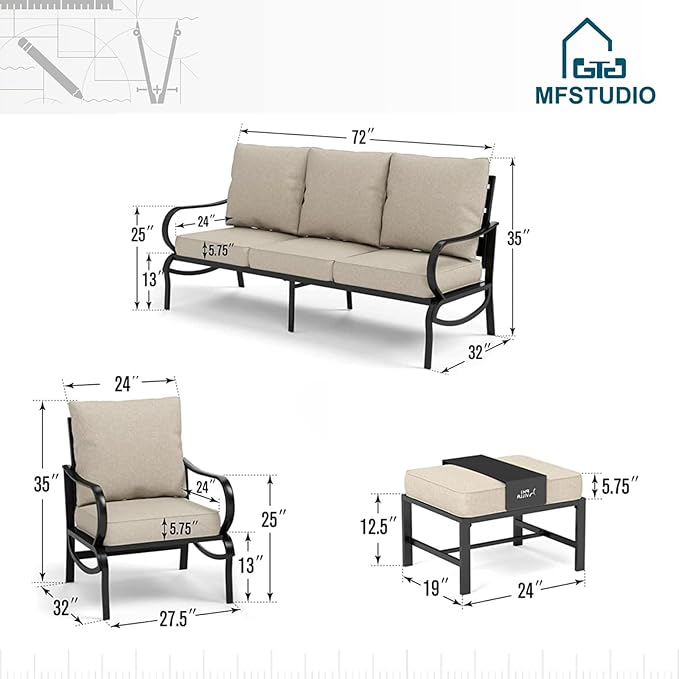 MFSTUDIO 5 Pieces Patio Conversation Sets,Outdoor Metal Furniture Sofas with 1 x 3-Seat Sofa, 2 x Sofa Chairs,2 x Ottoman,Wrought Iron Frame with Beige Cushion for Patio Courtyard Balcony
