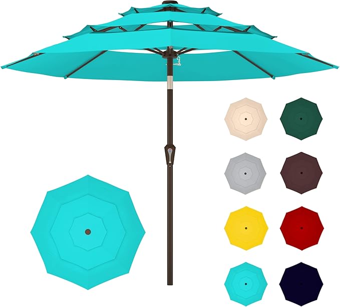 9FT 3-Tier Large Outdoor Patio Umbrella Market Table Umbrella-UV Resistant,Easy Push Button Tilt and Crank,8 Sturdy Fiberglass Ribs Heavy-Duty Pool Umbrella for Deck,Backyard,Garden,Yard,Light Blue