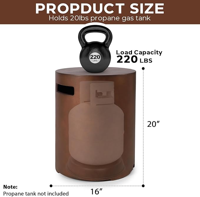 Propane Tank Cover Table Round, Outdoor Tank Covers Propane Storage Box 20 LB Modern Cover Tables with Side Handle, Concrete Hideaway Holder for Patio Backyard Deck (Dark Bronze)