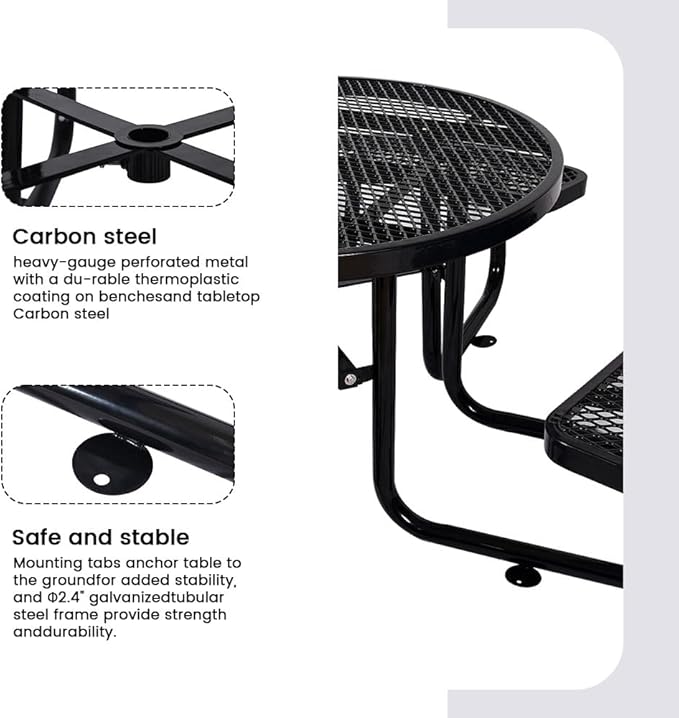 KUFUH 46" Round All Metal Picnic Table for 4-8 Person, Durable Heavy Duty Commercial Picnic Table with Umbrella Hole for Outdoor Coffee Shop, School, Easy to Assemble, Black