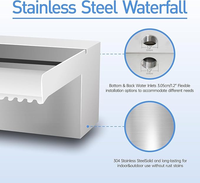 Pool Fountain Stainless Steel Pond Waterfall Spillway Kits for Indoor/Outdoor Decorative, 24 Inches Pool Water Feature for Garden Patio, Backyard Koi Pond Decor(No LED Light)