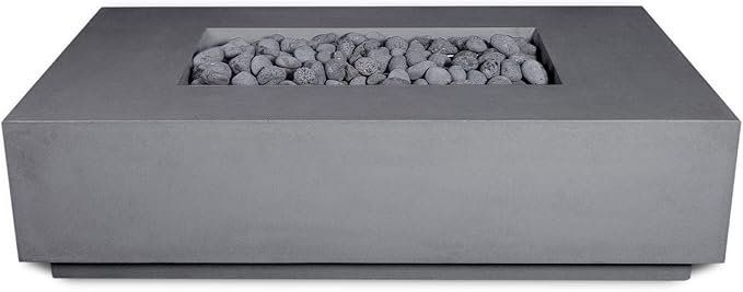 Vivid Heat - 60" Premium “Mesa 2" Concrete Fire Bowl - Heavy Cement Rectangle Natural Gas Fire Pit - Square Outdoor Fire Table with Key Valve GFRC (48” L x 32” W x 16” H) (Pewter Grey)