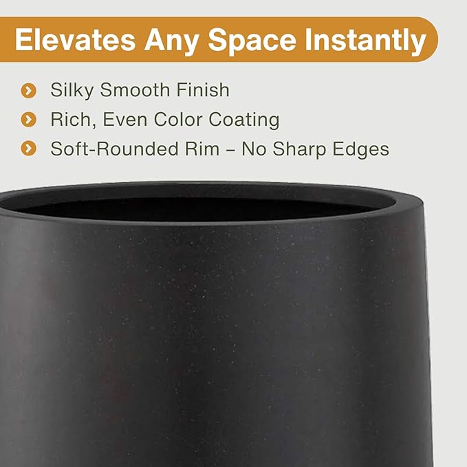 15.3"H x 15"D Conico Fiberstone Round Planter - Christmas Tree Planter, Smooth Finishes, Weather Resistant for Indoor and Outdoor Use, Included 2 Extra Coco Mats (Black, 11.7" Pot Opening)