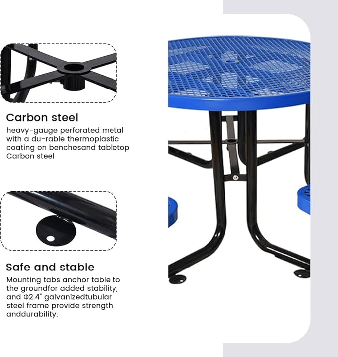 KUFUH 46" Round Metal Picnic Table for 4-8 Person, Durable Heavy Duty Commercial Picnic Table with Umbrella Hole for Outdoor Coffee Shop, School, Hospital, Easy to Install, Blue