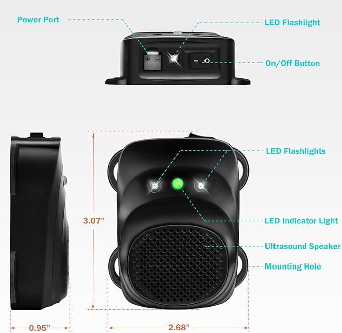 Under Hood Rodent Repellent for Car Engines, Dual Action Ultrasonic & LED Strobe Lights for High-Efficiency Rat and Mouse Deterrent, Pest Control for 12V 24V Vehicles, Cars, Trucks, RVs