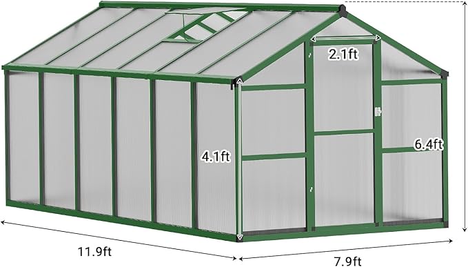 Greenhouse, 8x12 Ft Outdoor Greenhouses, Accessible Green House with Roof Vents and Sliding Doors, Aluminum Frame Polycarbonate Greenhouses, Large Greenhouse for Outdoor Gardens and Backyards, Green