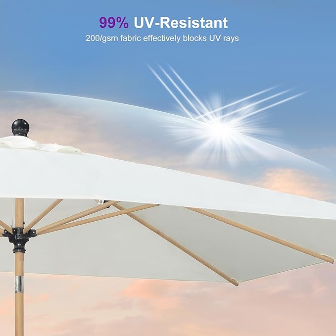 PURPLE LEAF 6.5' x 10' Outdoor Umbrella with Base Patio Umbrella Rectangular Outdoor Table Umbrella with Push Button Tilt & Crank and 8 Ribs Aluminum Market Umbrella for Backyard Deck, Cream