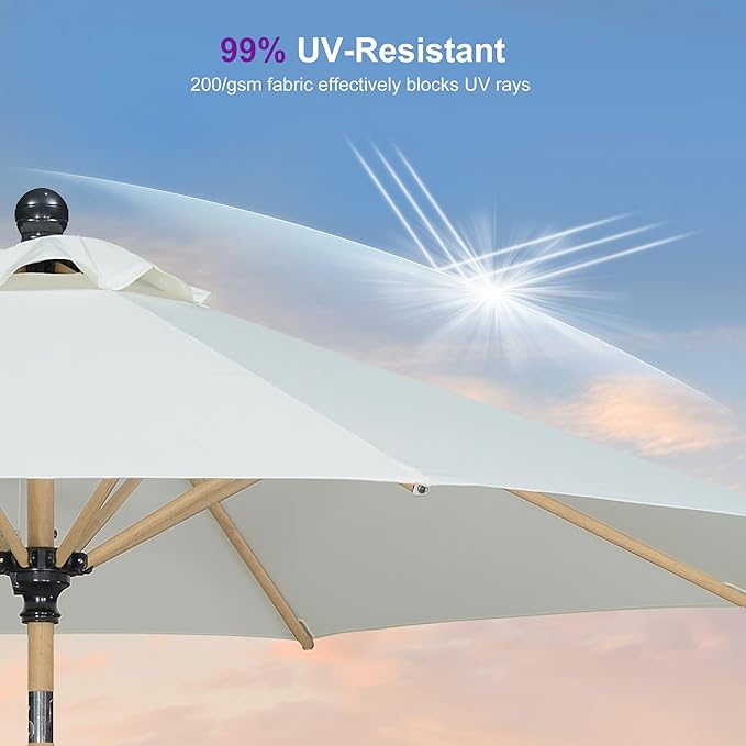 PURPLE LEAF 9 Feet Patio Umbrella with Base Market Umbrella Round Outdoor Umbrella with Push Button Tilt & Crank and 8 Ribs Aluminum Outdoor Table Umbrella for Garden Deck Balcony, Cream